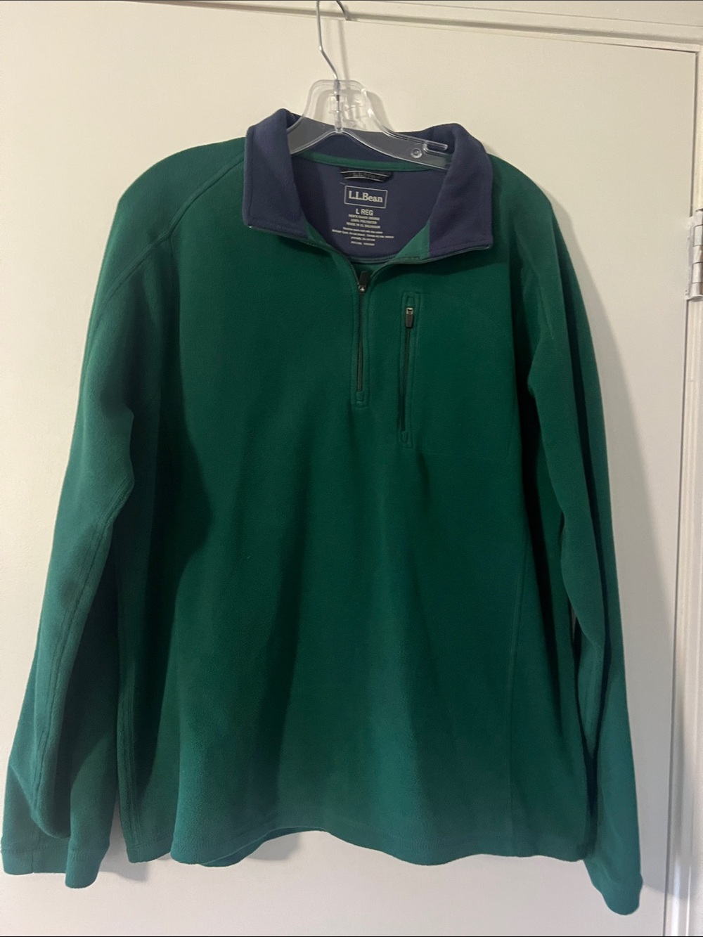 Men's L.L.Bean Forest Green Fleece Quarter-Zip with Navy Collar Size Large